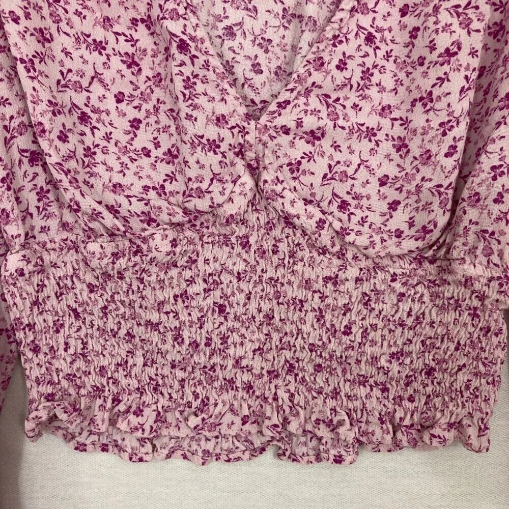 ASTR Purple Ditsy Floral Lace Mock Detail Puff Sleeve Crop Top Small‎